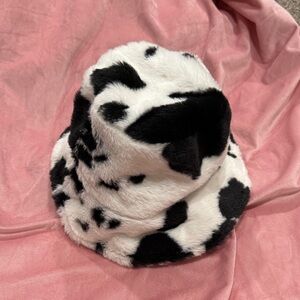 Cow Print Faux Fur Bucket Hat Black White Y2K